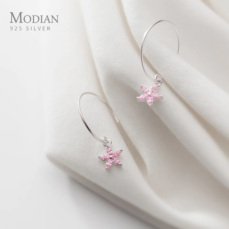 Modian Fashion Round Swing Pink Crystal Flower Drop Earrings Charm 100% 925 Sterling Silver Jewelry For Women Dangle Earring | Украшения и