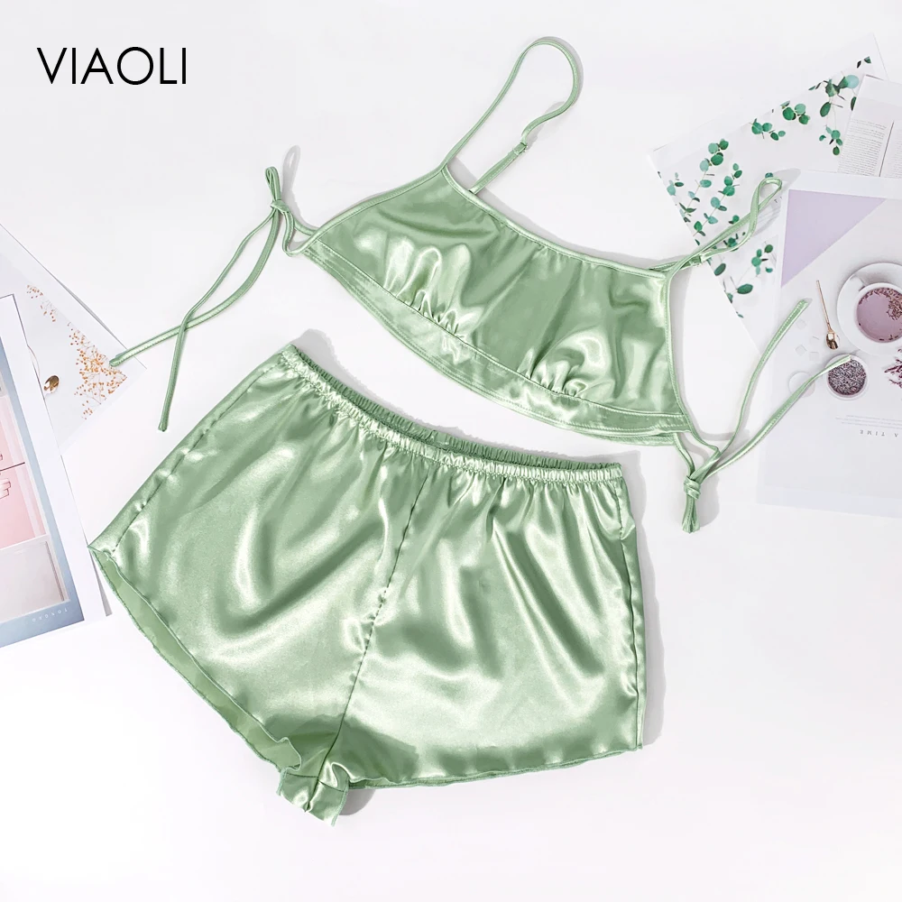 

Adjustable Spaghetti Strap Pajamas Solid Summer Two Piece Set Top and Elastic Pants Sleepwear Satin Women Sexy Nightwear 9 Color