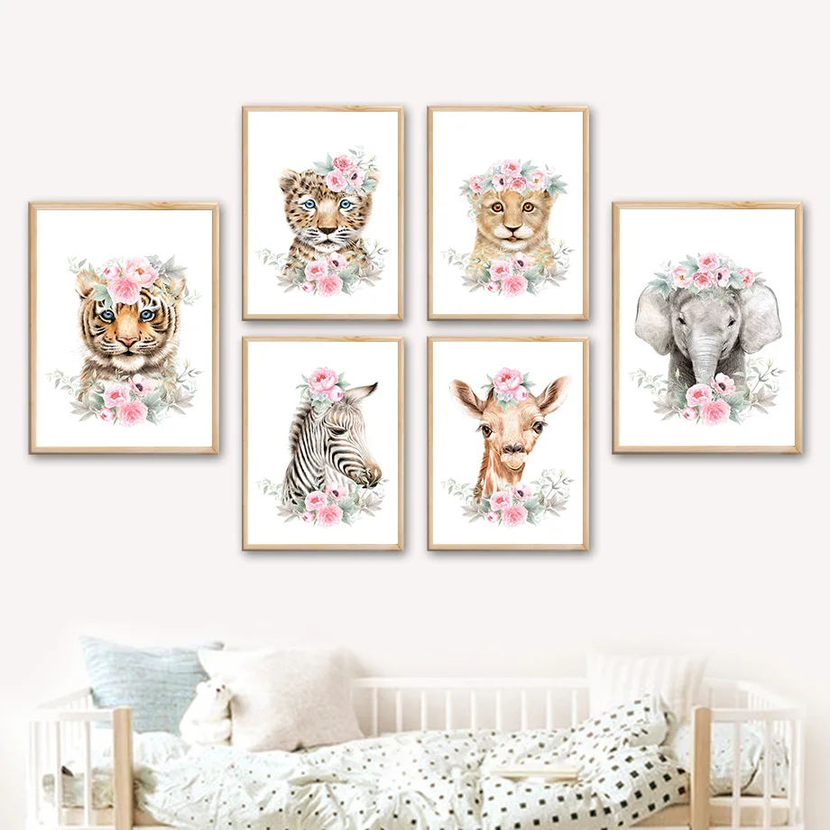 

Cute Tiger Leopard Lion Zebra Giraffe Elephant Wall Art Canvas Painting Nordic Posters And Prints Wall Pictures Kids Room Decor