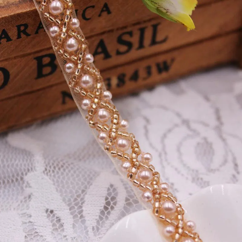 2 ярда жемчужные бусины кружевная отделка сетка лента ткань украшение для одежды