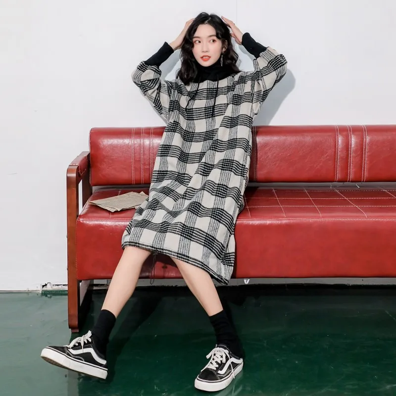 

Autumn Winter Women Dress Fashion Casual Loose Hooded Plaid dress woolen cloth Korean style female bing 2020 HOT