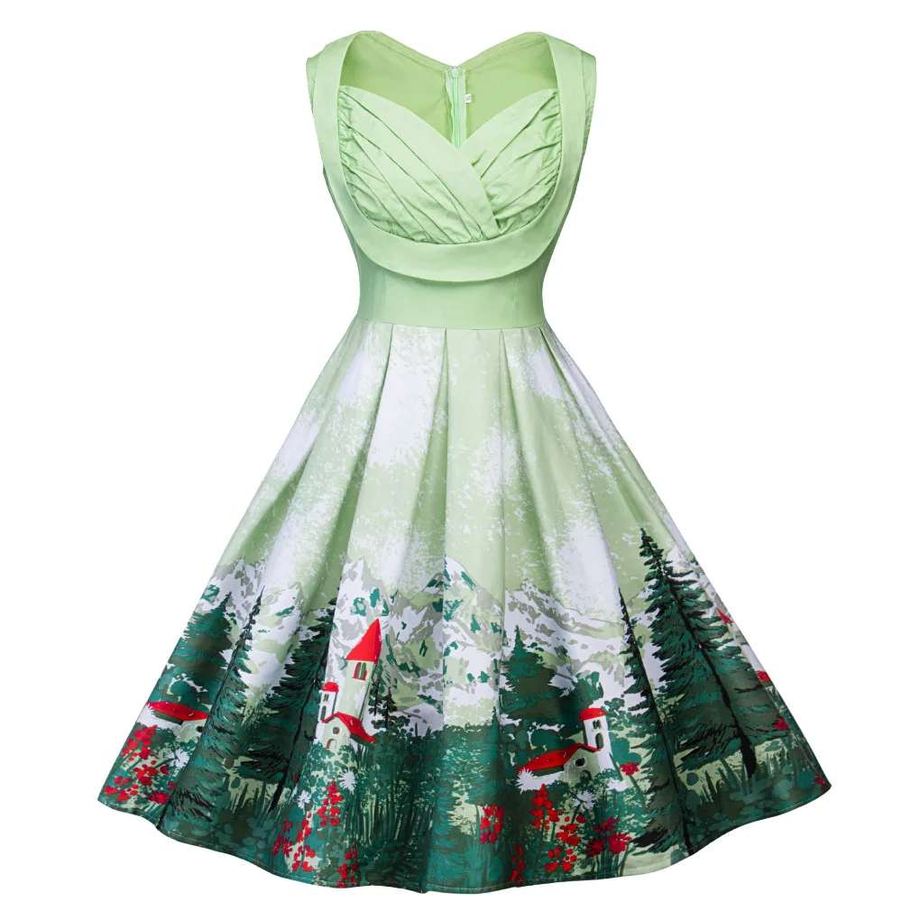 Винтажное Плиссированное зеленое платье без рукавов размера плюс с Горным