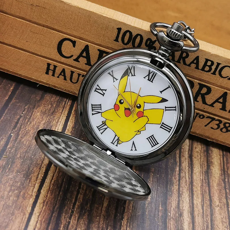 New Arrival Pikachu Black Quartz Pocket Watches Mens Analog Fob Watch Pendant Chain Gift Kids Toy Ball Pokemon for Men Women | Наручные