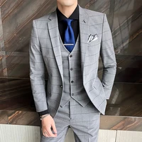 jacketsvestpants 2021 male autumn slim fit business plaid blazersmen high grade pure cotton leisure dress suitman 3 pcs