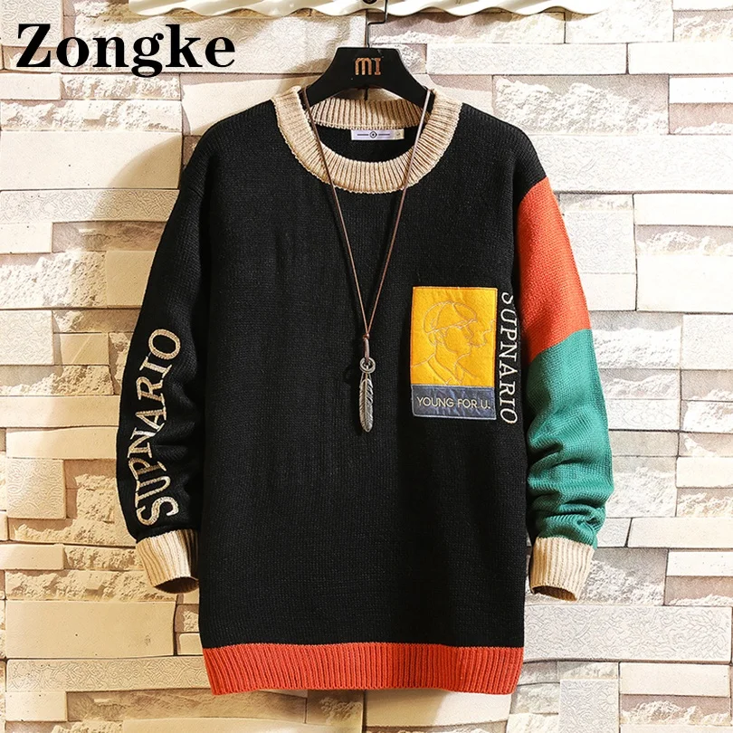 

Zongke Patchwork Knit Sweater Men Fashion Hip Hop Streetwear Winter Men Sweater Pull Vintage 5XL 2021 Autumn Winter New Arrivals
