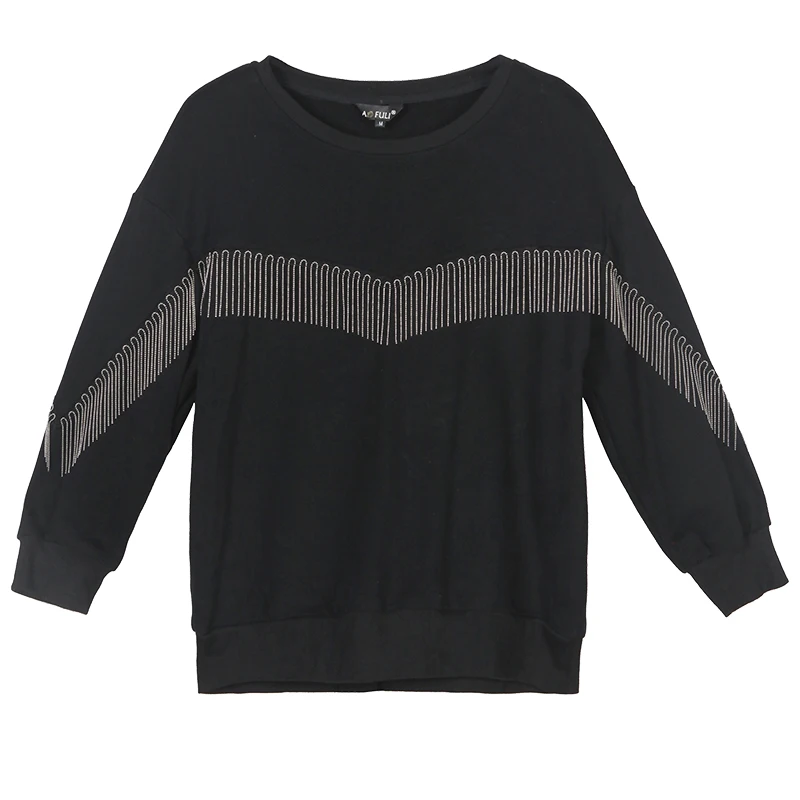 Черный L~ 4XL 5XL Beadings Tassel Women Cotton Sweatshirt Black Long Batwing Sleeve Tee Shirt Big Size Ovesize Casual Tops AOFULI A4074 - Цвет: Черный