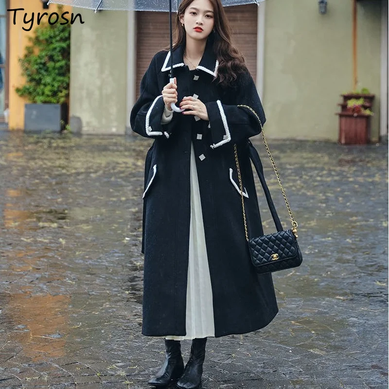

Black Wool Blends Women Elegant Design Sashes Single Breasted Long Woolen Outwear Korean Fashion Wide-waisted Winter Coats Lady