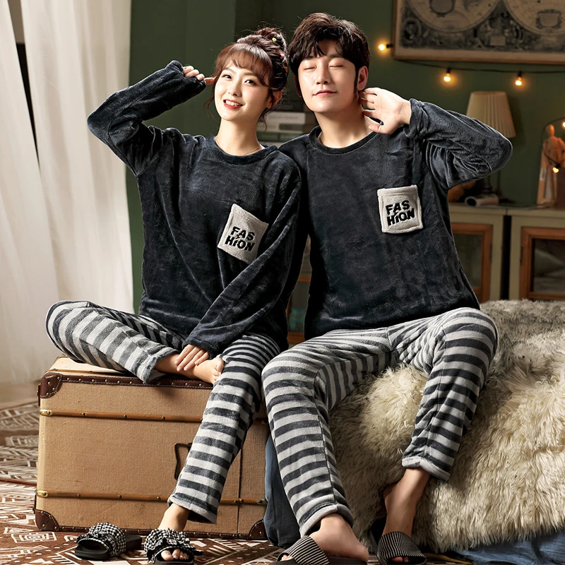 

2021 Couple Pajamas Long Sleeve Flannel Pajama Sets Women And Men Pyjamas Thickened Winter Home Clothes 2pcs Casual Sleepwear