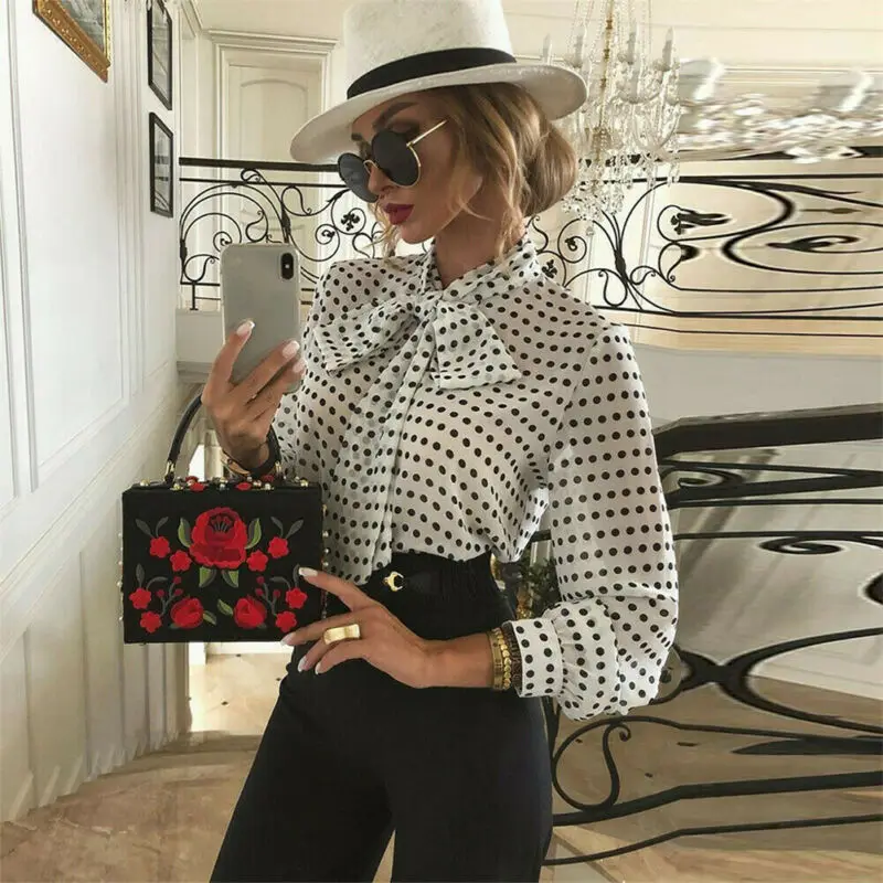 

Blouses Women 2019 Autumn Fashion Long Sleeve O-neck Shirt Office Blouse Slim Polka Dot Loose Casual Sexy Tops Female Plus Size