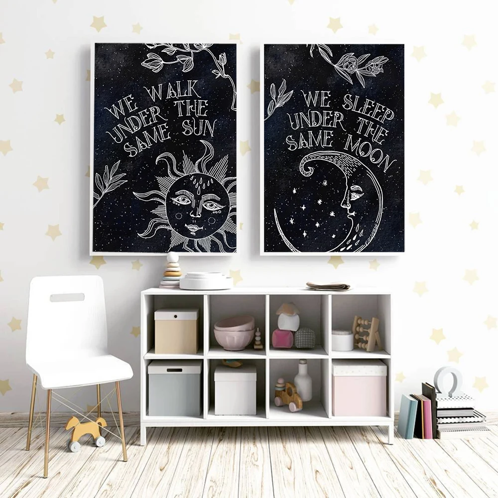 

Black White Line Celestial Poster Positive Text Art Print Nordic Sun Moon Canvas Painting Nursery Wall Picture Living Home Decor
