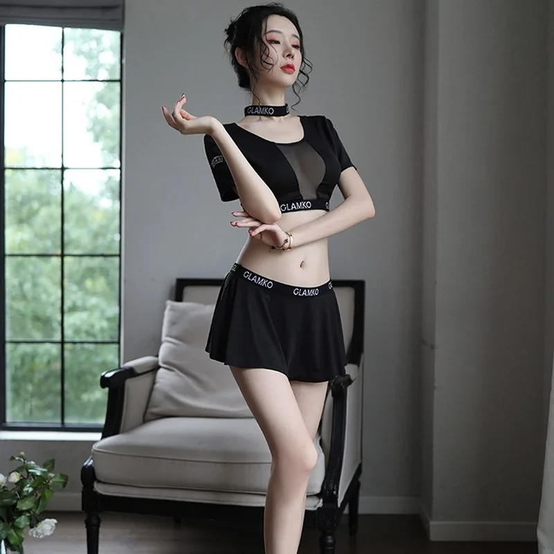 

Сексуальная Студенческая униформа, черная сексуальная юбка для секса, нижнее белье, косплей, униформа чирлидинга, ажурный топ, мини-юбка, сц...