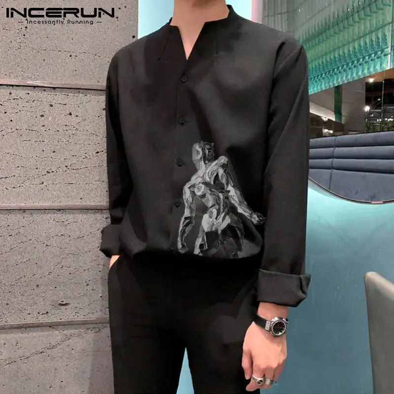 

Men Printed Shirt V Neck Long Sleeve Streetwear Fashion Korean Tops Casual Men Clothing 2021 Button Camisas Hombre INCERUN S-5XL