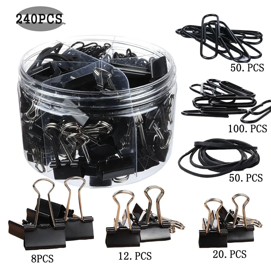 

240pcs Multicolor, Black Long Tail Clip, Paper Clip, Rubber Band Combination Set,binder Clips,cute Stationery Office Supplies