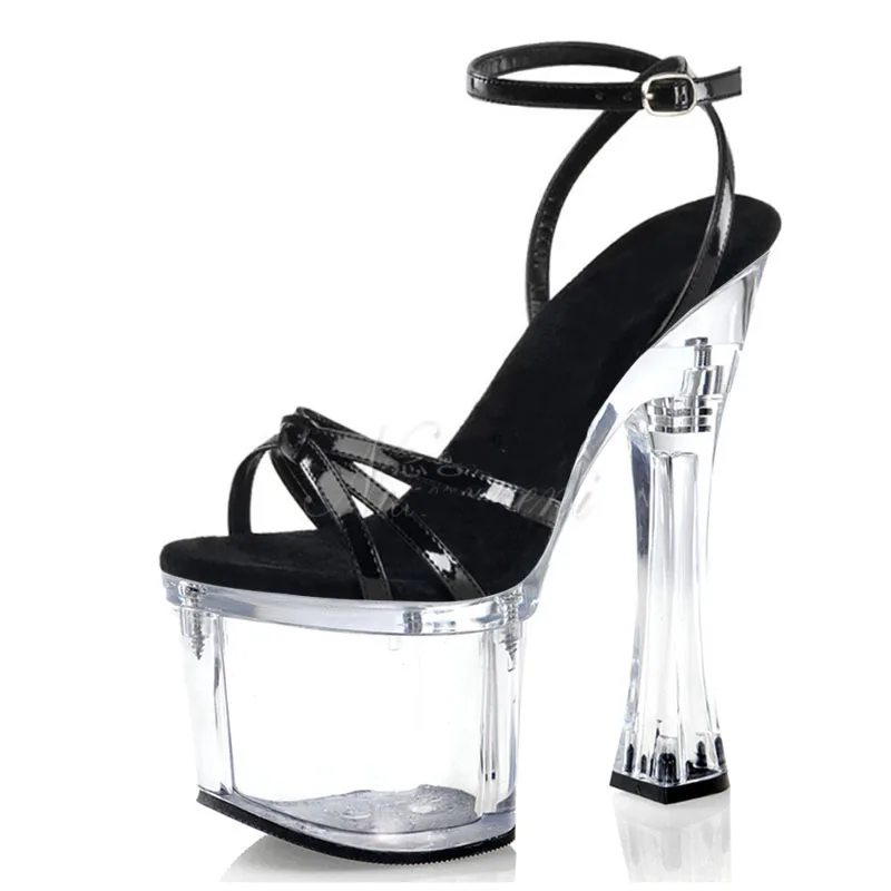 Women Clear Platform Sandals Patent Leather Stage Show 7 Inches Super High Heeled Pole Dance Shoes 18cm Open Toe Coarse Fetish