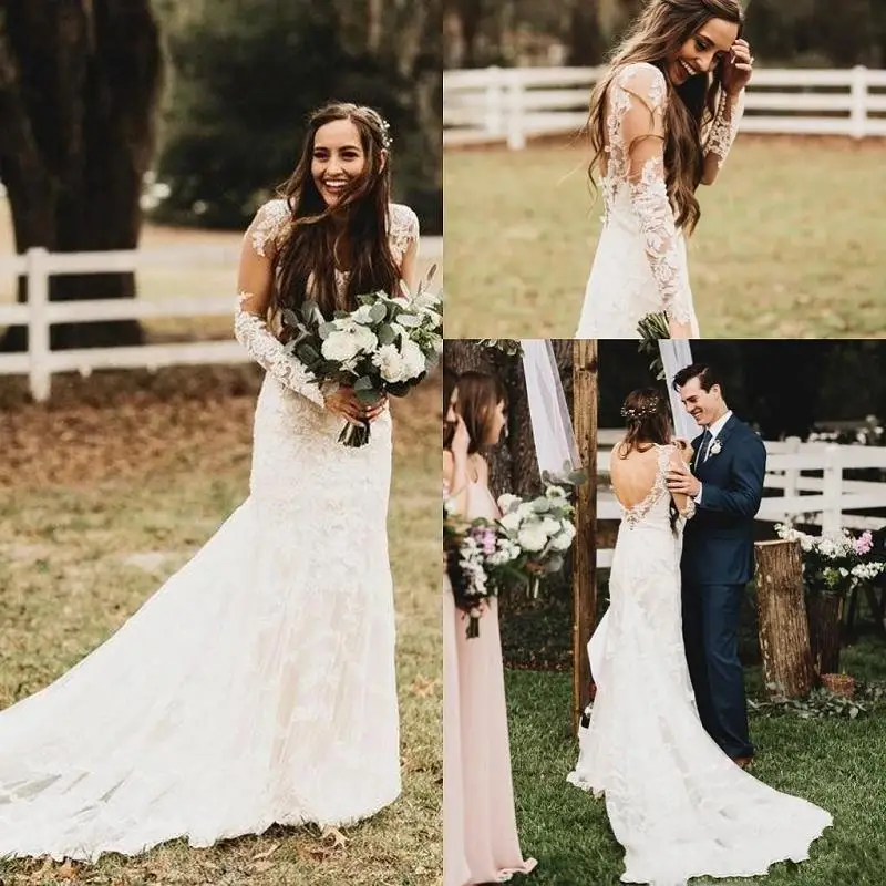 

Boho Country Wedding Dresses 2021 vestidos de novia Sexy Backless Mermaid Wedding Gowns Long Sleeve Lace Bridal Dress Handmade