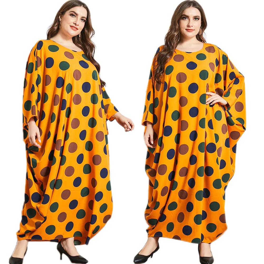 

Dubai Muslim Women Long Dress Vintage Polka Dot Printed Abaya Turkish Kaftan Oversized Arab Jilbab Bat Sleeve Middle East Robe