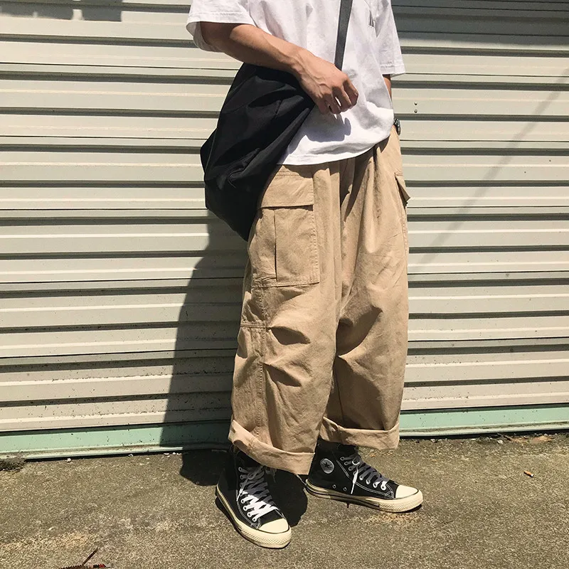 

Брюки-карго мужские прямые с широкими штанинами, повседневные штаны свободного покроя, с коллажем, в японском стиле, уличная одежда, 2021