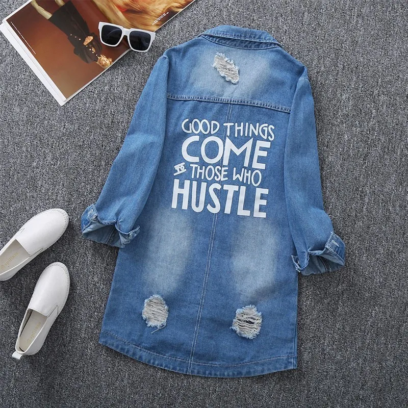 Hole Ripped Letter Print Long Sleeve Womens Denim Shirts Korean Spring Autumn Medium Length Plus Size Casual Streetwear | Женская одежда