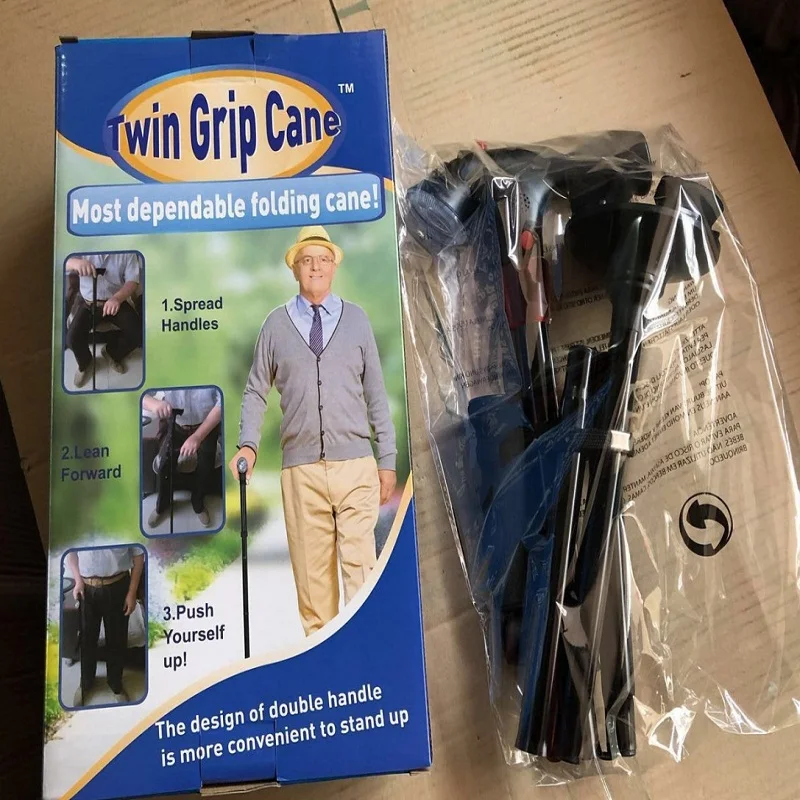 

New product double handle folding walking stick with light and alarm, retractable five-section walking stick