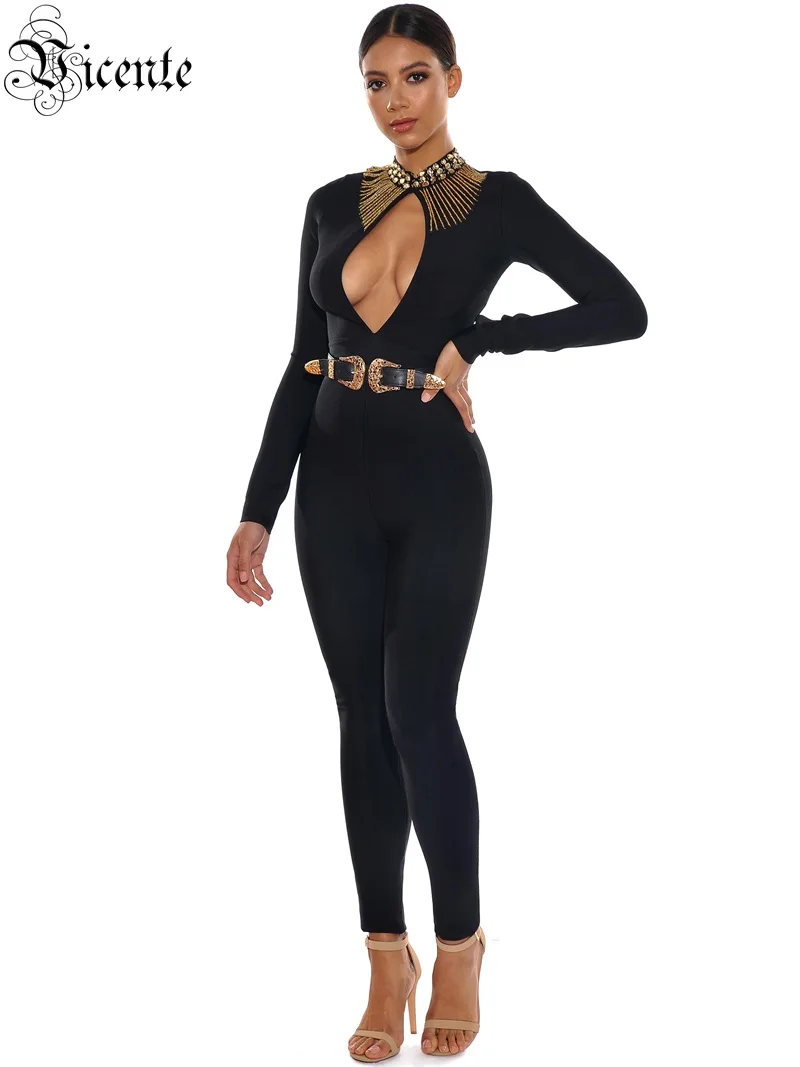 VC All Free Shipping HOT New Luxe Diamond Embellished Tassels Sexy Key Hole Celebrity Party Club Wear Bandage Jumpsuit