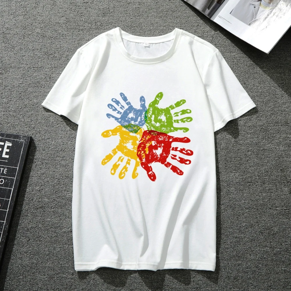 

Trendy T-shirt Men and Women Classic Hand Print Series Youth White Short-sleeved Japanese Commuter Breathable Shirt