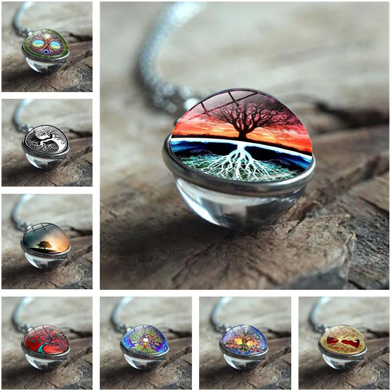 

New Fashion Yin Yang Tree of Life Necklace Double-sided Glass Ball Pendant Retro Art Painting Pendant Necklace Jewelry for women