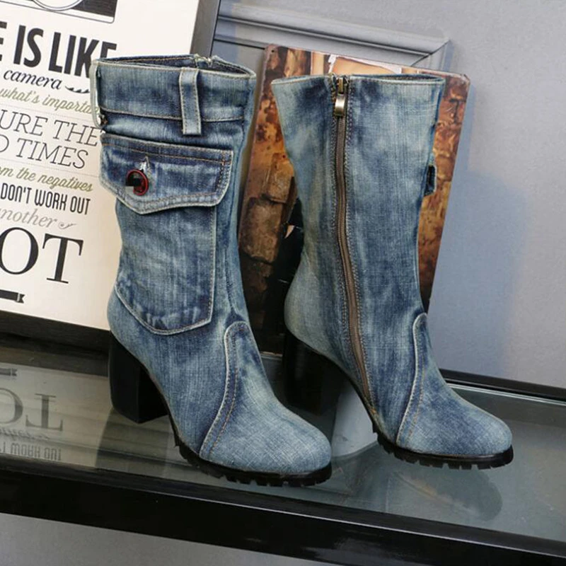 Женские синие джинсовые зимние ботинки с молнией сбоку женские круглым носком на