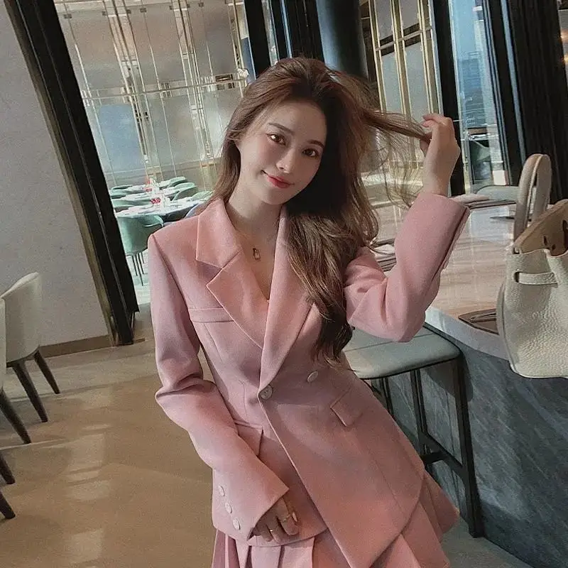 

Women 2021 Spring Fashion Two-piece Suits Female Solid Color Buttons Blazer Coats Ladies High Waist Pleated Skirts Sets Y248