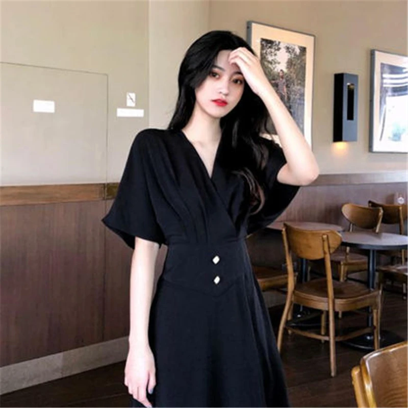 

Summer Fashion Casual Women Dress V-Neck Solid Short Sleeve Slim Dresses Female Button Elastic Waist Skirt Ladies Y656