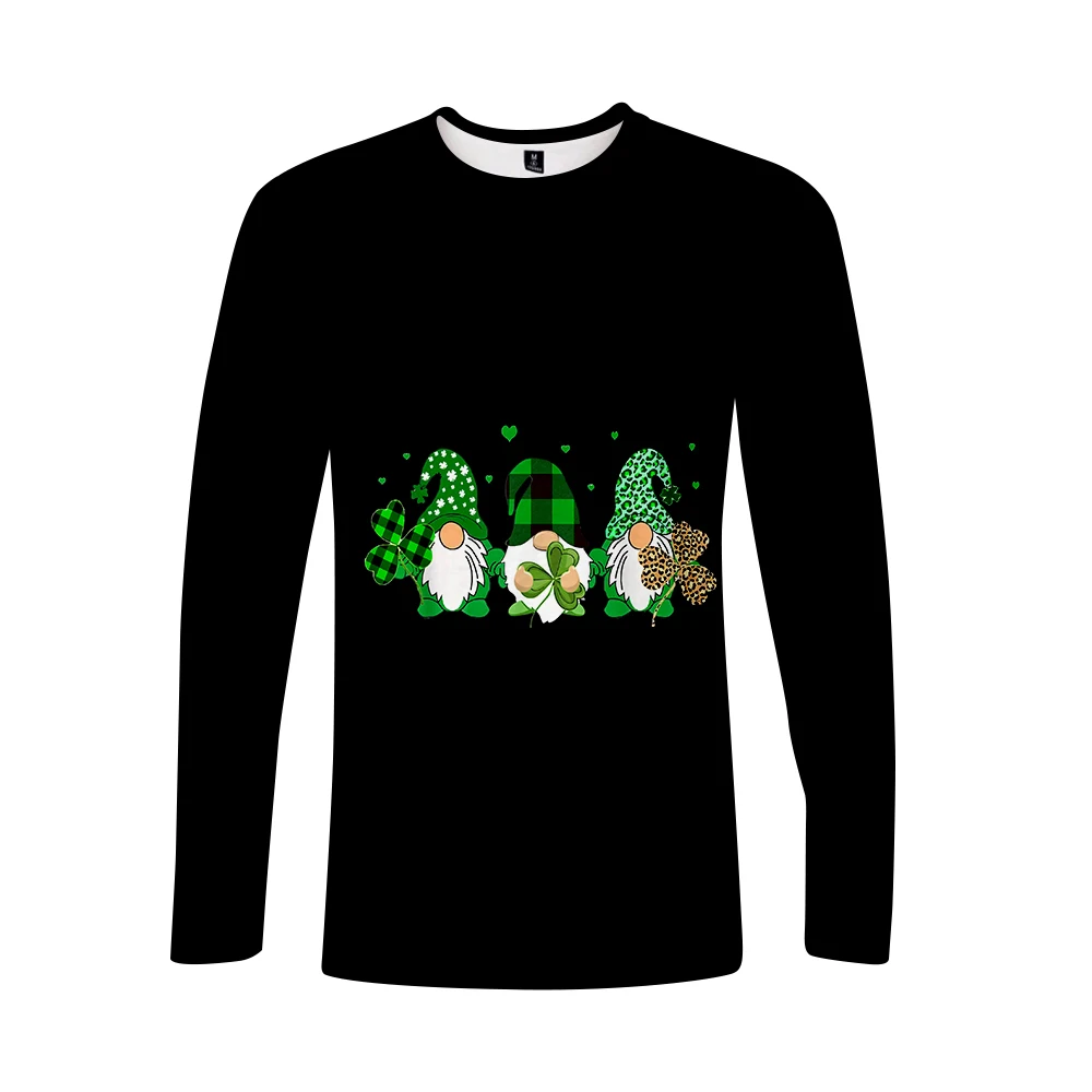 

St. Patrick's Day O-neck Long Sleeve T-shirts Cotton Tops Casual T-shirt Lucky Clover 3D Print