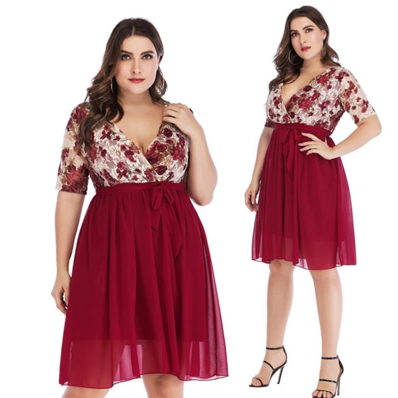 Женское шифоновое платье с кружевом V-образным вырезом и принтом | Женская одежда