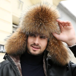 ZDFURS*Winter Men's 100% Real Silver Fox Fur Bomber Hat Raccoon Fur Ushanka Cap Trapper Russian Man 