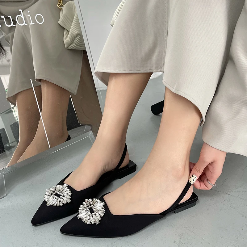 Женские босоножки с острым носком черные/зеленые/синие/розовые на плоской