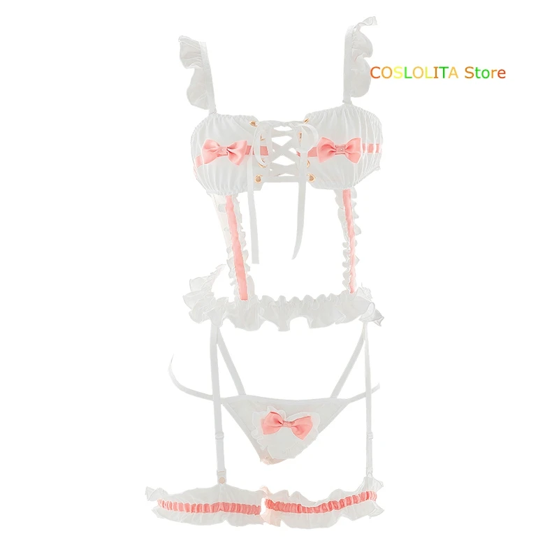 

Women White Hollow out Bondage Sexy Pajamas Homewear Japanese Girls Body Suit Solid color Kawaii Pink Bowknot Sukumizu Sleepwear