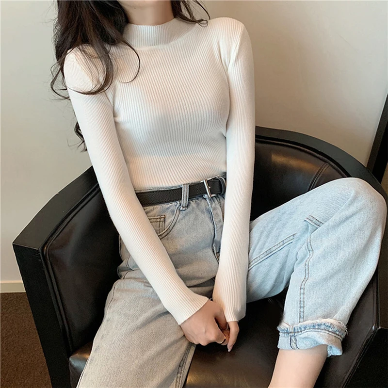 

5 Colors Options Free Size Women's Sweaters Autumn Long Sleeve Thin Turtleneck Stretch White Knitted Pullover Sweater Tops