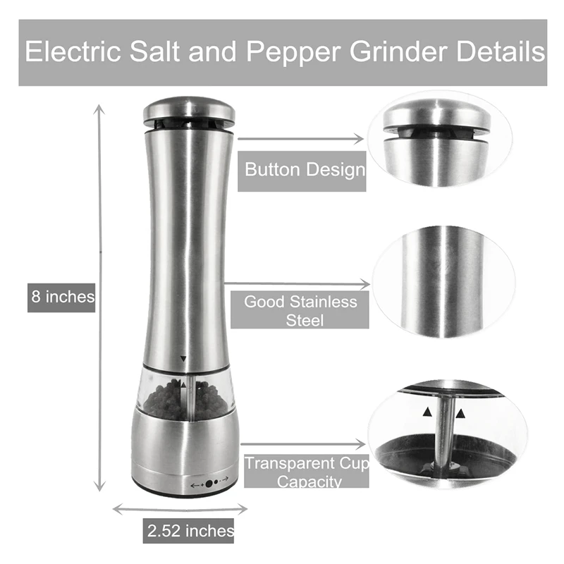 Мельница электрическая из нержавеющей стали для соли и перца светодиодный