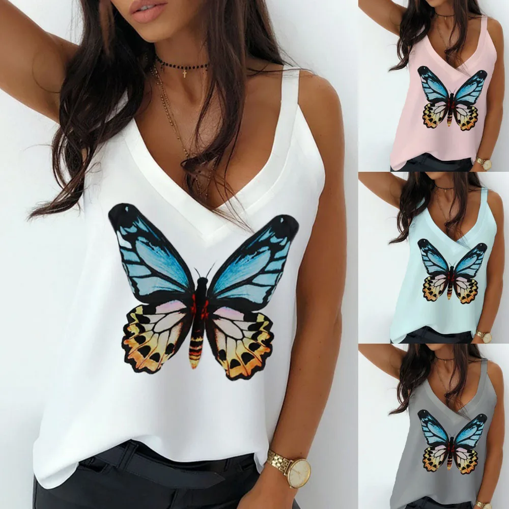 Летние свободные майки 2020 женские синие с принтом бабочки WDC5271 | Женская одежда