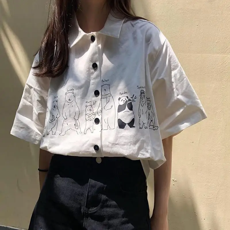 

MINGLIUSILI Korean Style Blouse Women Fashion 2021 Summer Print Button Up Shirt Short Sleeve Casual Loose White Women Clothing