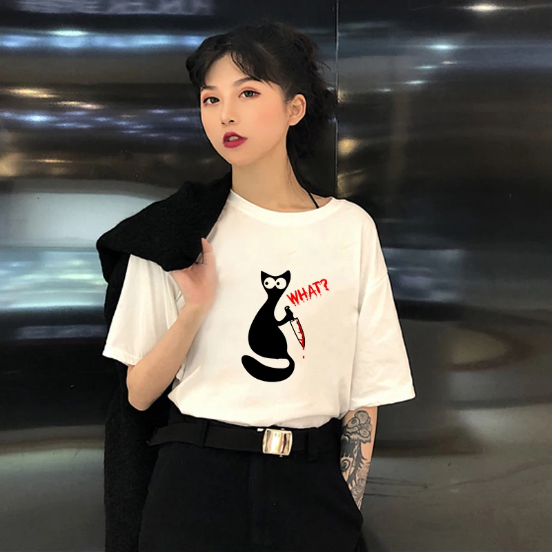 

Showtly 2019 Funny Cool Black Cat White Knife Hipster T Shirt O-Neck Short Sleeve Aesthetic Plus Size Fashion Tee Tops