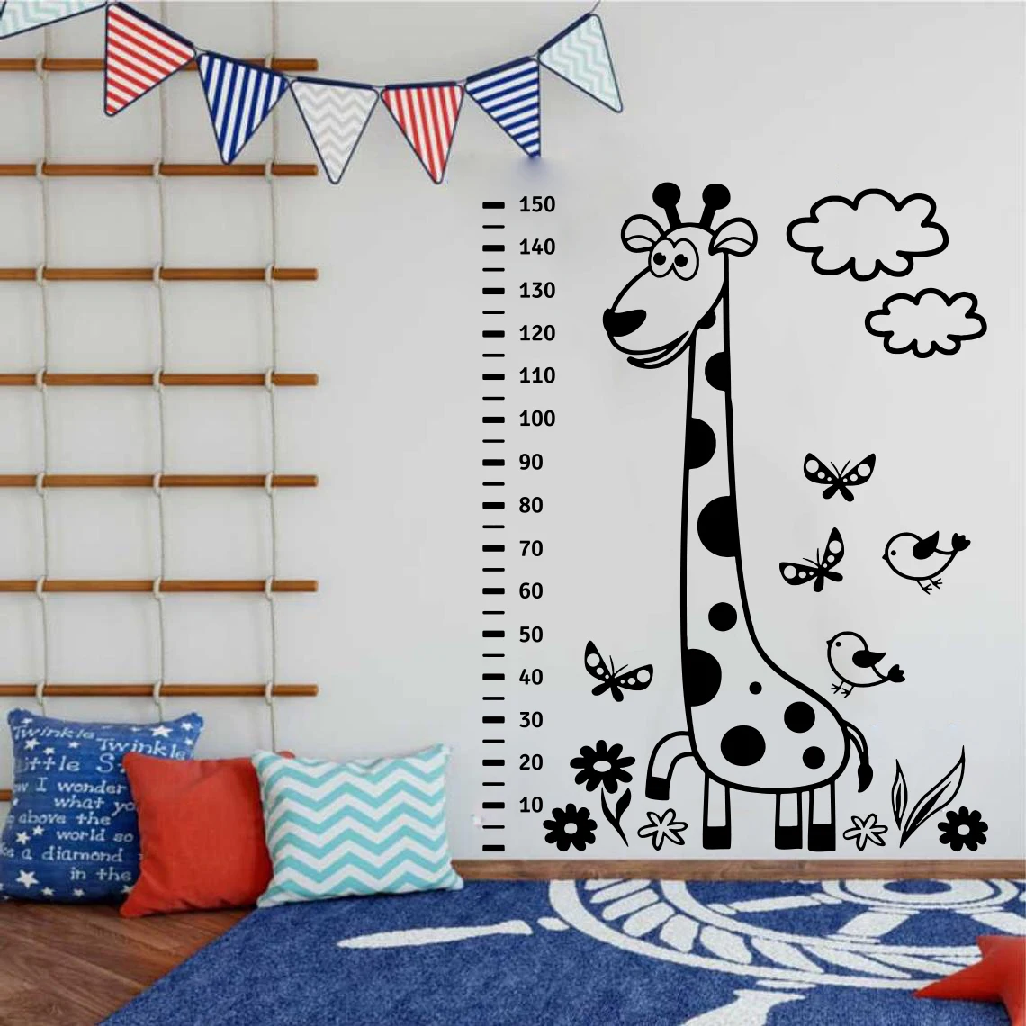 

Large 150cm Height Measure Giraffe Animal Wall Decal Kids Teen Room Cartoon Growth Chart Bird Cloud Wall Sticker Vinyl Decor