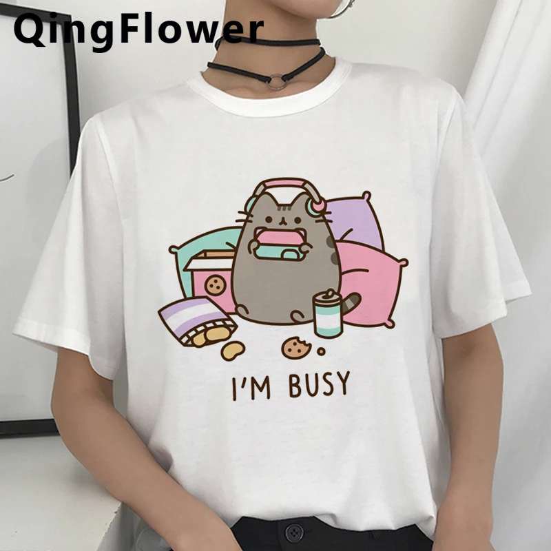 Kawaii Pusheen Кошка забавная футболка для женщин в виде милого героя аниме Harajuku