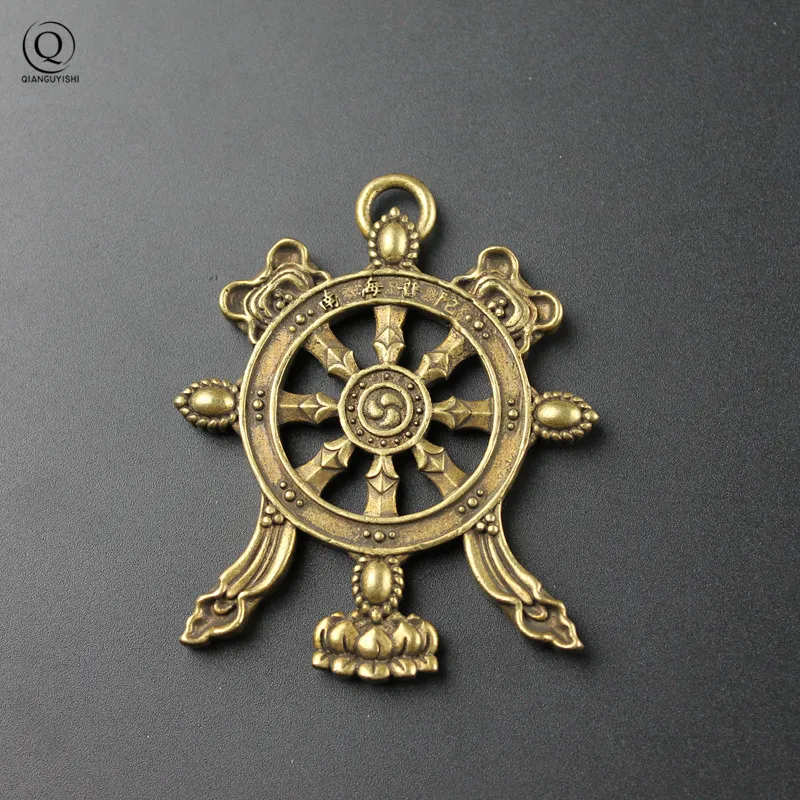 Античная латунь Большой Гуаньинь Будды колесо дхармы круглый цепочки кольца для