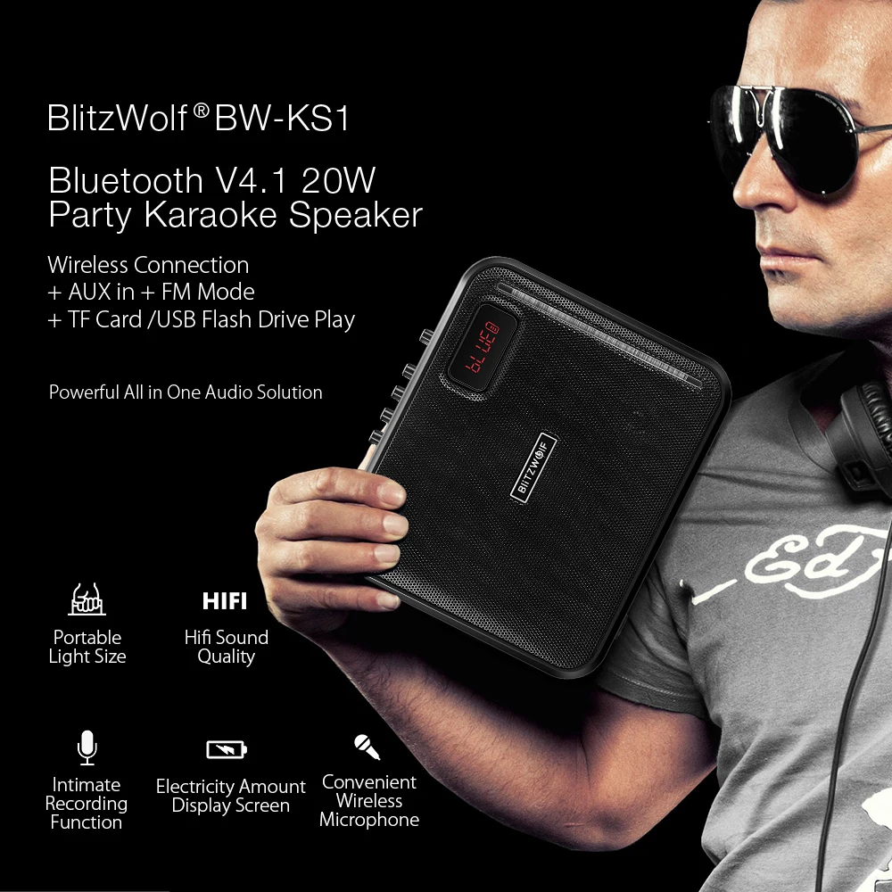 BlitzWolf bluetooth, вечерние колонки для караоке V4.1, 20 Вт, 3600 мА/ч, AUX in USB, FM режим, портативный беспроводной микрофон, удаленный динамик