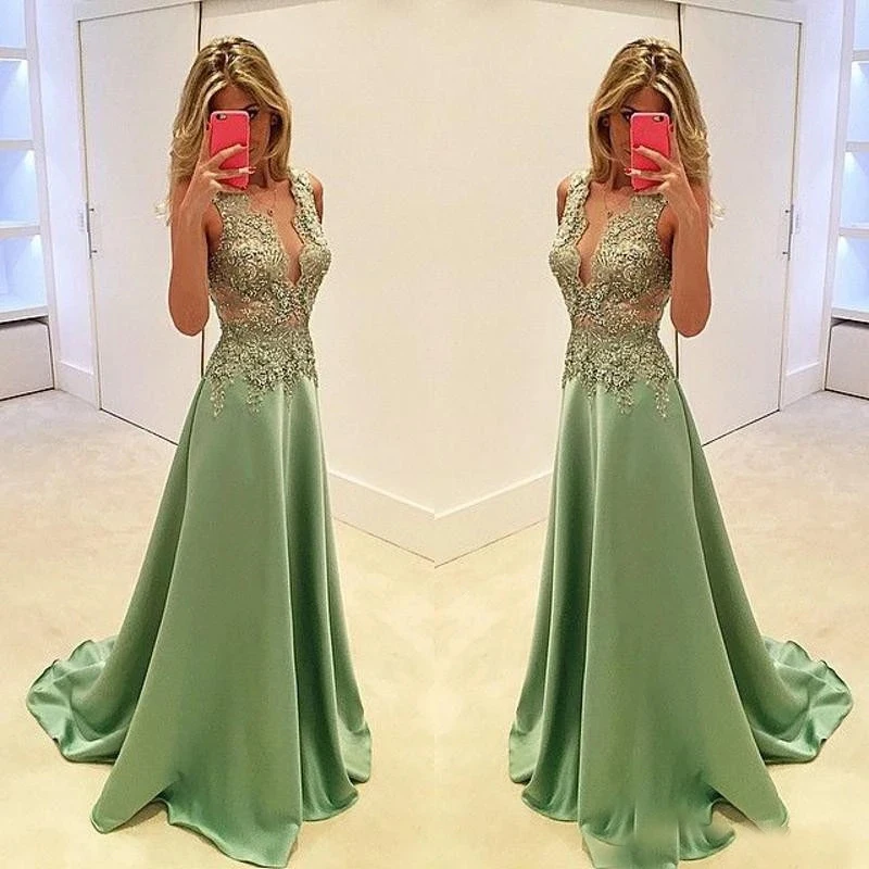 

Мятно-зеленые мусульманские Вечерние платья а-силуэта с глубоким V-образным вырезом аппликации из бисера Дубай Саудовский арабский длинный...