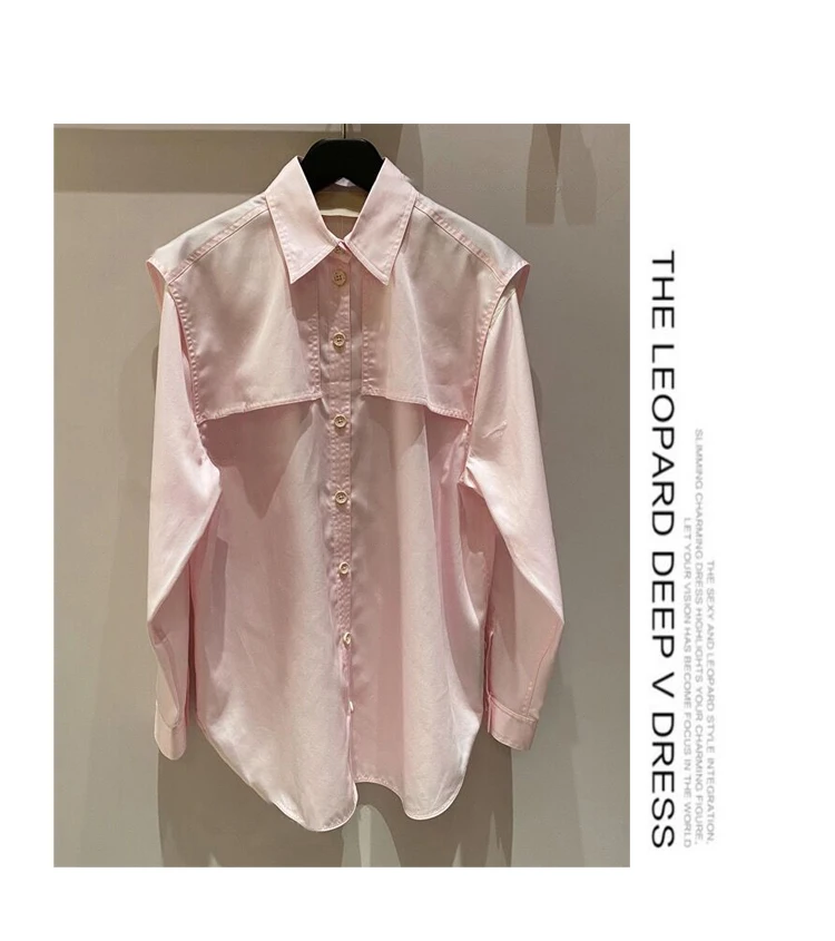 

Female Sailor Collar Long Pink Top All-match Patchwork Long-Sleeved Shirt Single-breasted Blouse Casual Fashion 2021 Spring