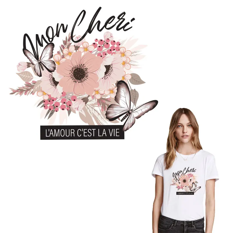 Pink Flower Patches Iron-On Transfers For Clothing Women T-shirt Jeans Butterfly Patch Heat Press Clothes Sticker | Дом и сад