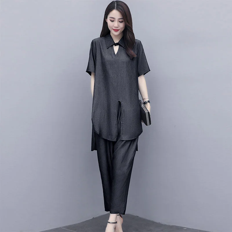

Loose Irregular Women's Two-piece Set 2021 Summer New Shirt And Pants 2PCS Fashion Casual Large Size 3XL Female Pants Suit H237