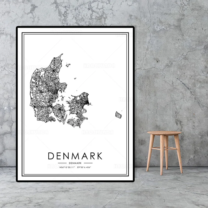 Современная Дания черно-белая фотография с картой города настенная живопись для