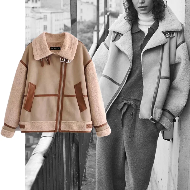

Za Autumn Winter Suede Women's Jacket 2021 Long Sleeved Loose Warm Thickened Coats Turn Down Collar Female Chic Street Outwear