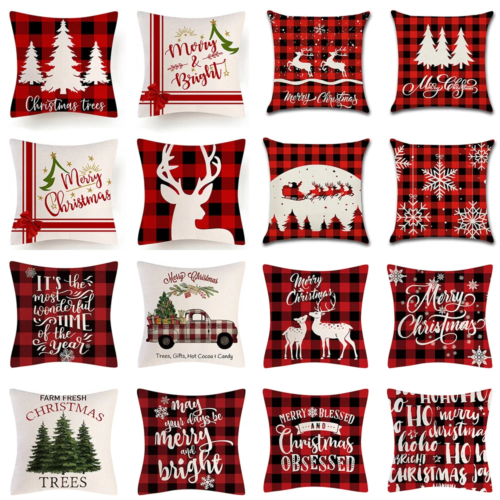 

Christmas Cushion Cover 18x18 Inch Red Merry Christmas Printed Pillow Cover Farmhouse Decorative Buffalo Check Linen Pillowcase